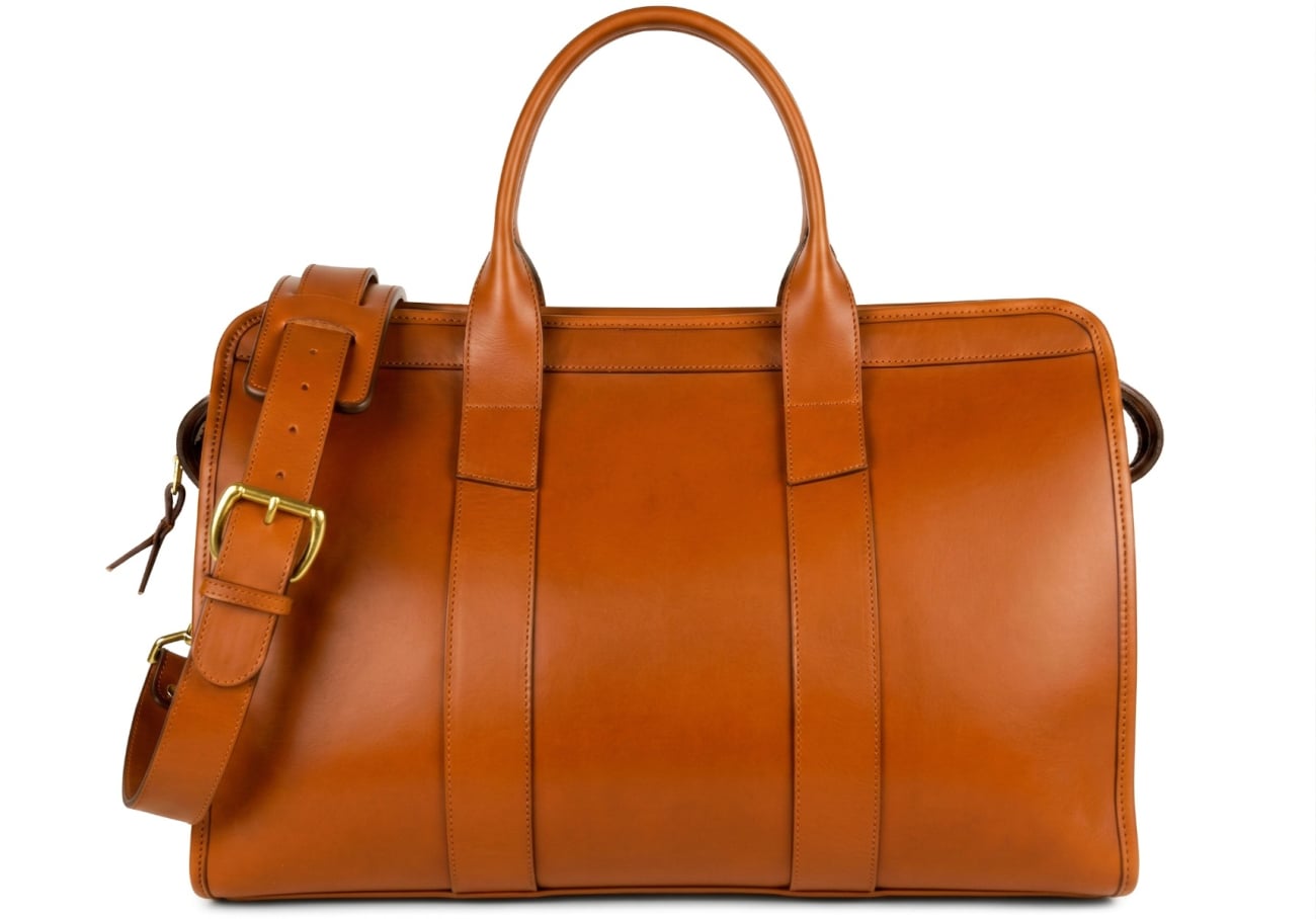 Small Travel Duffle - Belting - Lined - Cognac - Luggage Strap - Lined: Mediterranean Blue Sunbrella - Silver Hardware