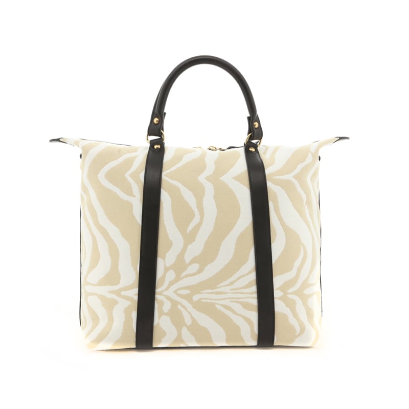 Hampton Tote - Beige/Cream Zebra/Black Trim - Canvas in 