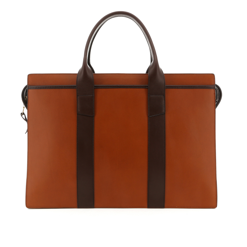 Double Zip-Top Briefcase - Cognac/Chocolate Trim - Belting in 