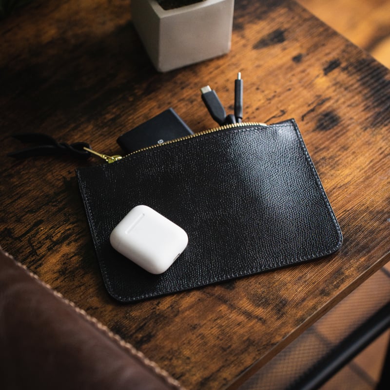 Small Leather Pouch - Glossy Black - Fine Grain Printed Leather in 