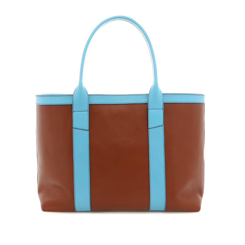 Large Working Tote - Leather Brown/Blue Mist - Smooth Leather - Mediterranean Blue Tweed  in 