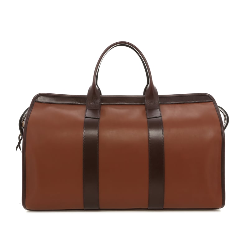 Signature Travel Duffle - Rustic Brown/Dark Glazed Burgundy - Smooth Leather - Mediterranean Blue Tweed Sunbrella 
 in 