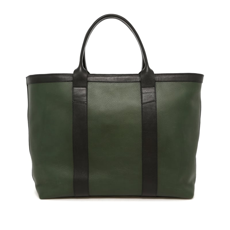 Signature Working Tote - Green/Black - Tumbled Leather - Zipper Closure - Mediterranean Blue Sunbrella in 