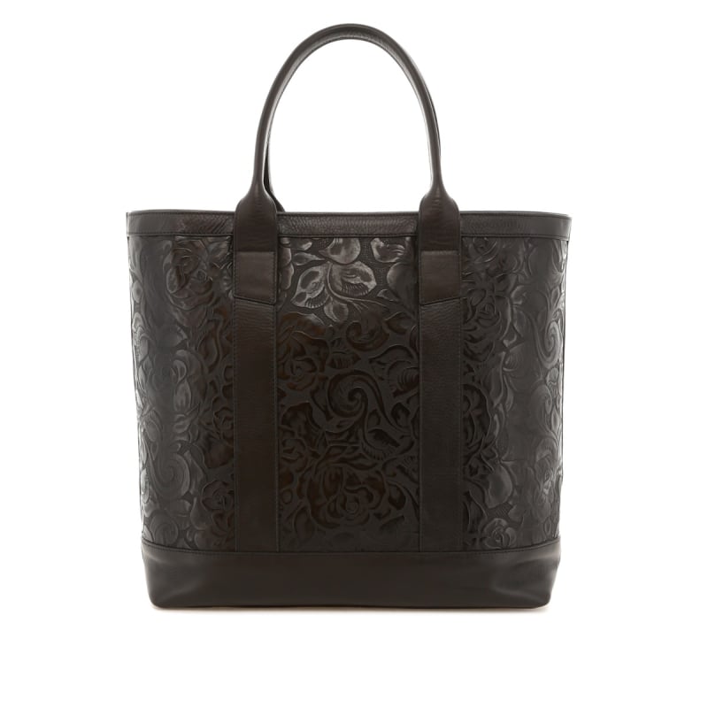 Tall Tote - Black Stamped Tooled Leather - Zipper Closure - Turquoise Sunbrella
 in 