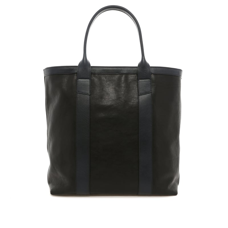 Tall Tote - Black/Navy - Pebbled Leather  - Zipper Closure - Mediterranean Blue Tweed
 in 