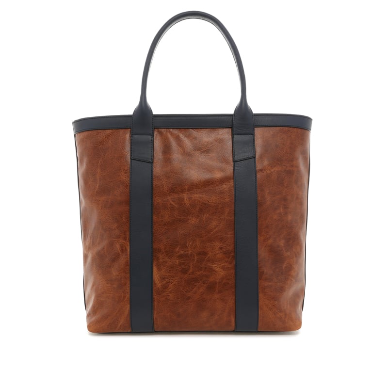 Tall Tote - Distressed Brown/Navy - Tumbled Leather - Zipper Closure - Charcoal Tweed Sunbrella
 in 