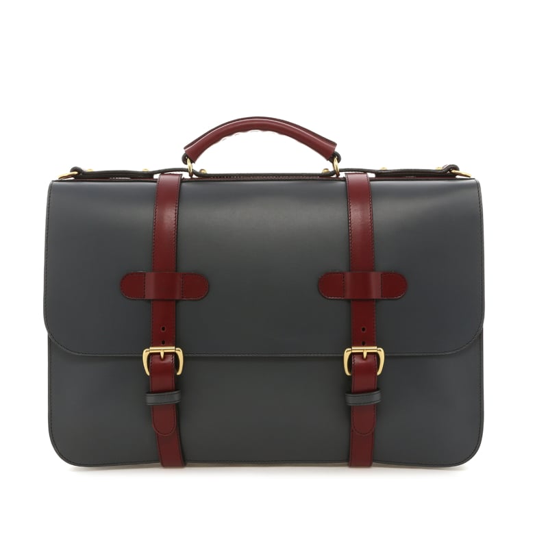 English Briefcase - BattleShip Grey/ Maroon - Harness Belting - Unlined in 
