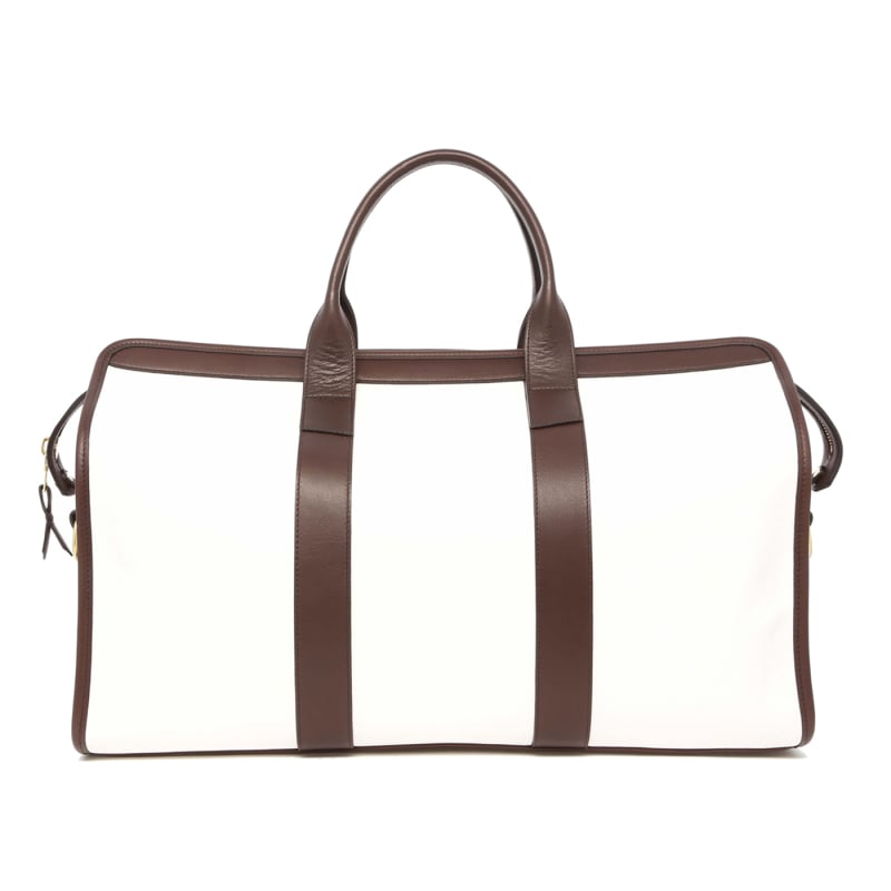 Signature Travel Duffle - White/Chocolate - Tumbled Leather - Captain Navy Sunbrella in 