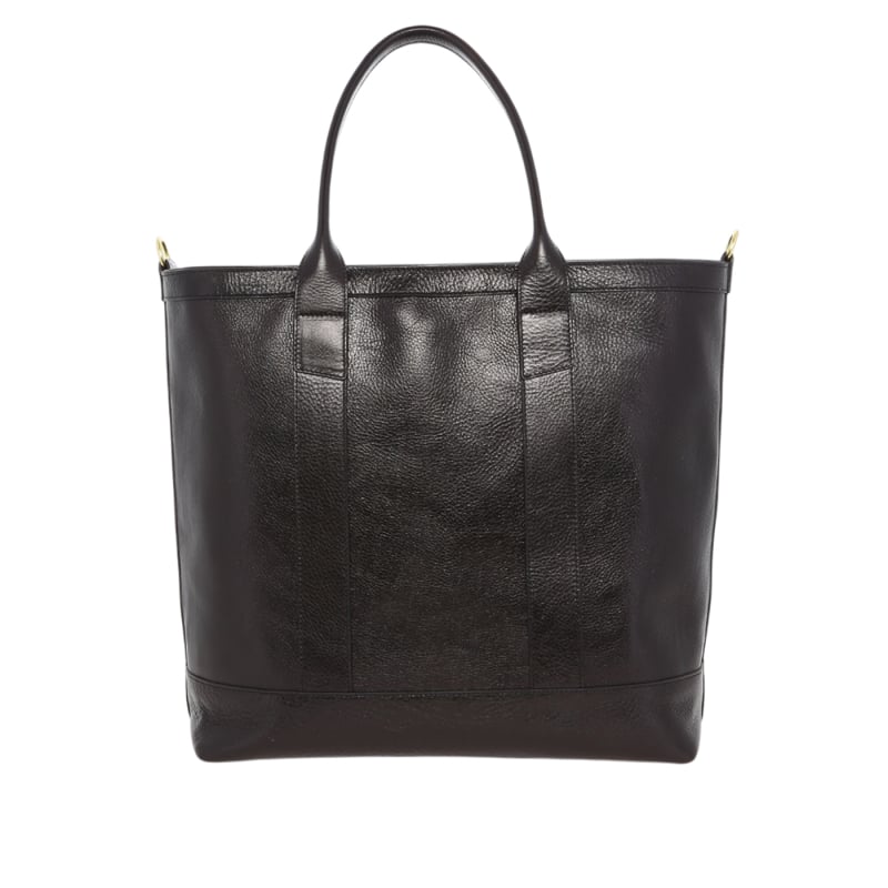 Tall Tote - Black - Polished Pebbled Leather - Zipper Closure - Turquoise Sunbrella in 