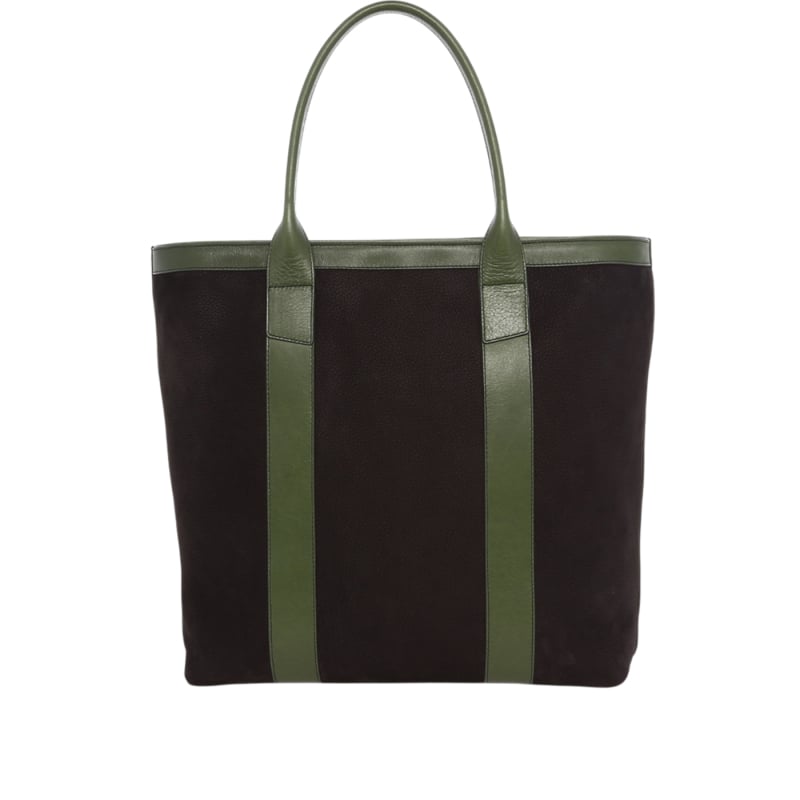 Tall Tote - Black/Green - Nubuck - Tumbled Leather - Zipper Closure -  Dubonnet Tweed Sunbrella in 