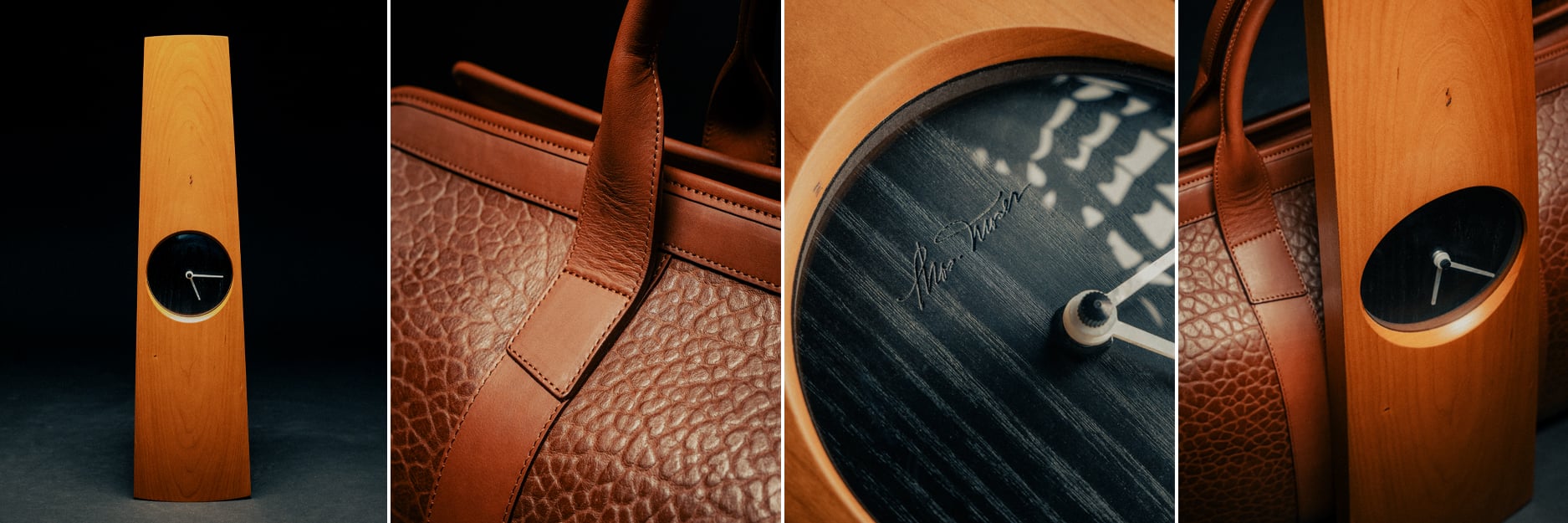 Image of giveaway prizes including one Omni Clock in Cherry and one Signature Duffle Bag.